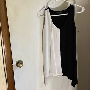 August Silk NWOT tank top black & white & white drapey floating flap on front S